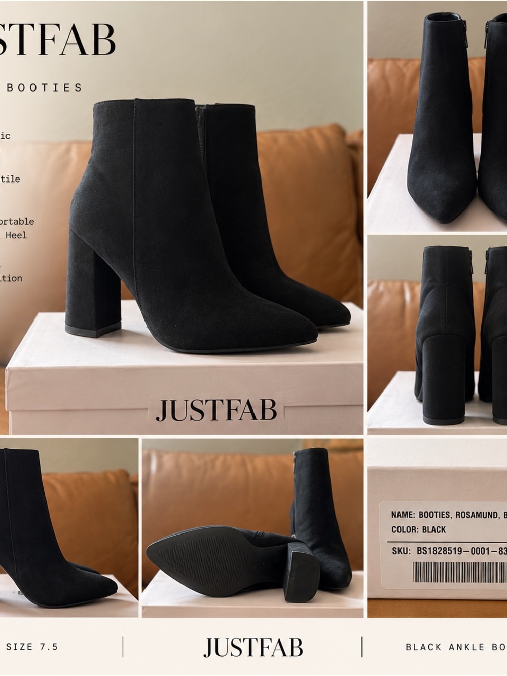 JustFab Black Pointed Toe Block Heel Ankle Booties